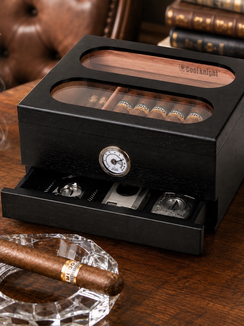 Black Cigar Humidor Box w/ Hygrometer, Spanish Cedar, Accessory Draw